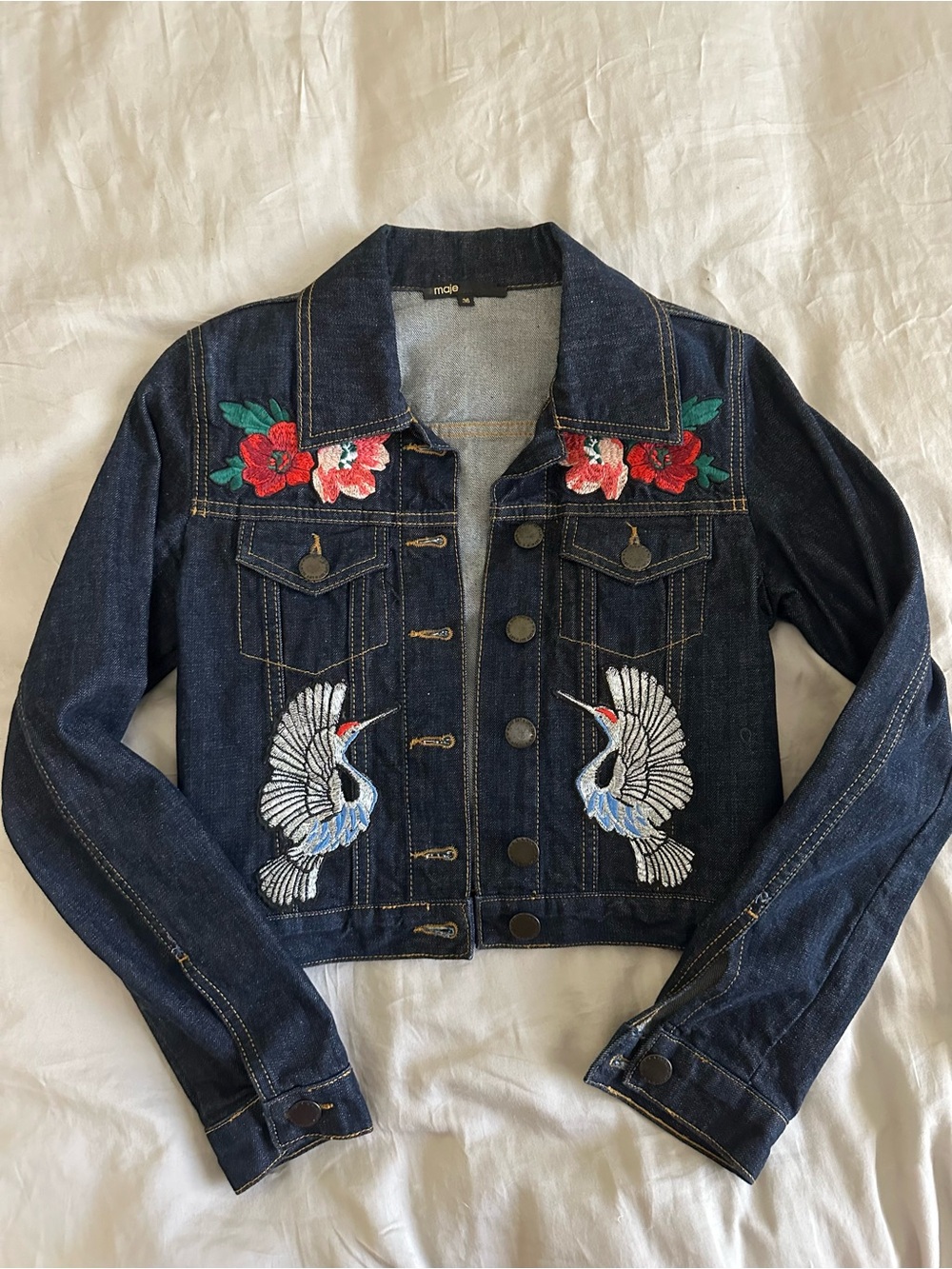 Maje Dark Blue Denim Jacket with Pink Floral Embroidery